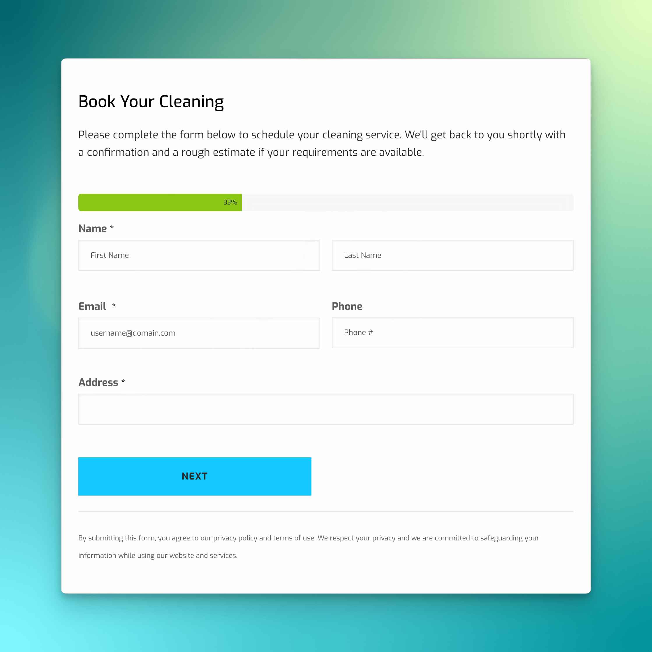 Complete Clean - Upgraded Online Booking Form Preview (Contact Detail)