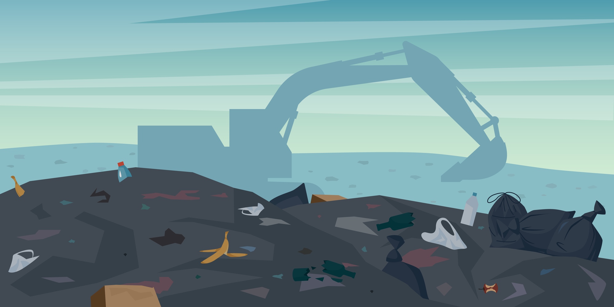 Illustration of waste buildup at George Town Landfill in the Cayman Islands, showing scattered trash and excavator silhouette, symbolizing the island’s growing waste crisis.